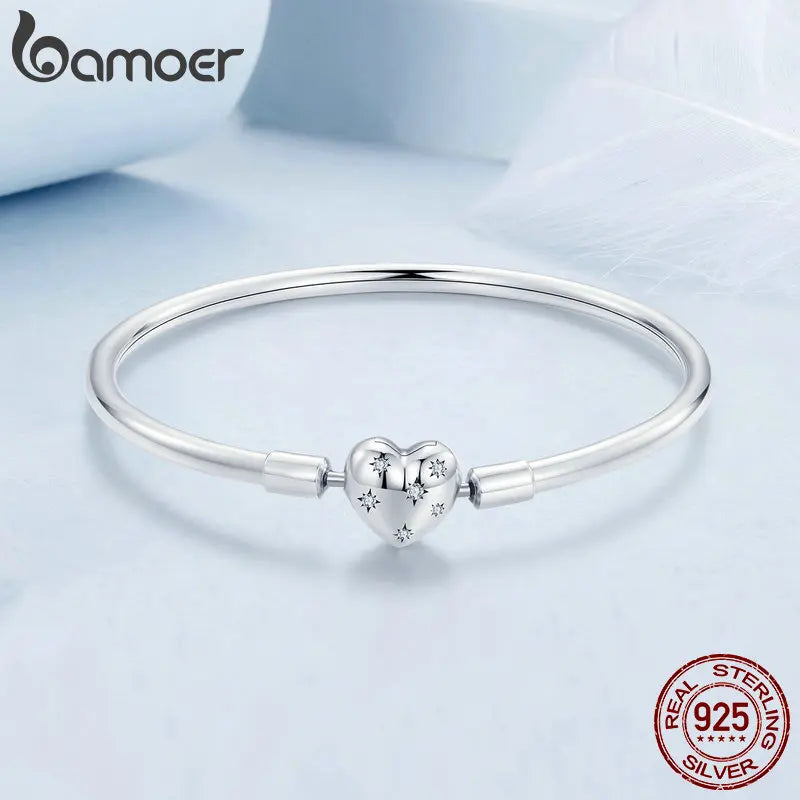 Sterling Silver Charm Bangle with Heart or Shell Design – Classic 925 Basic Bracelet for Women DIY Jewelry