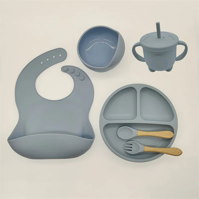 Children's Silicone Tableware Set – 6/8-Piece Baby Feeding Kit with Suction Bowl, Fork, Spoon, Bib, Straw & Cup