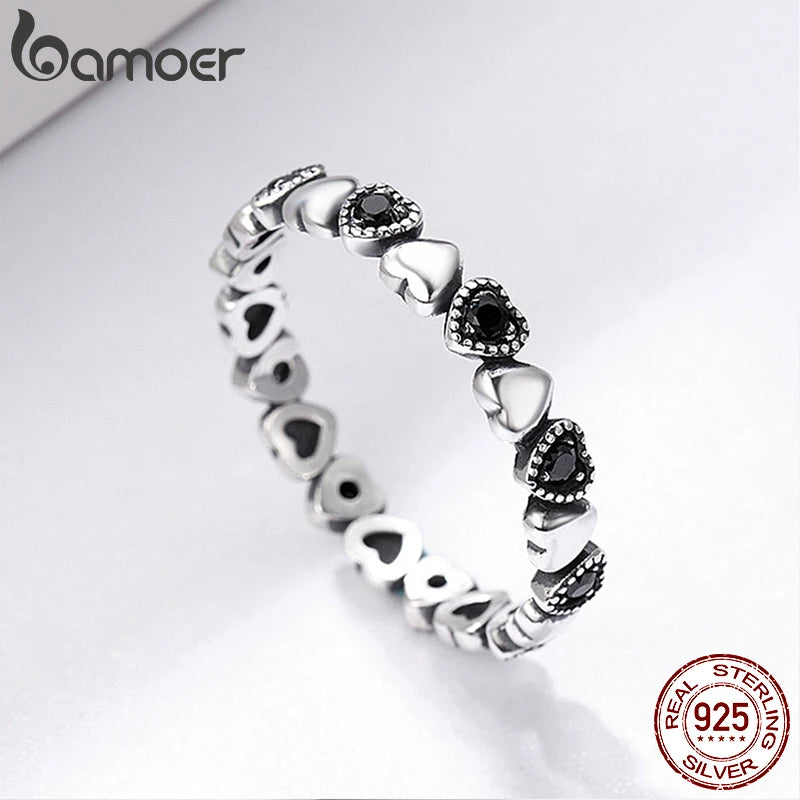 Stackable Heart Ring in 925 Sterling Silver with Black CZ – Romantic Wedding Band for Women