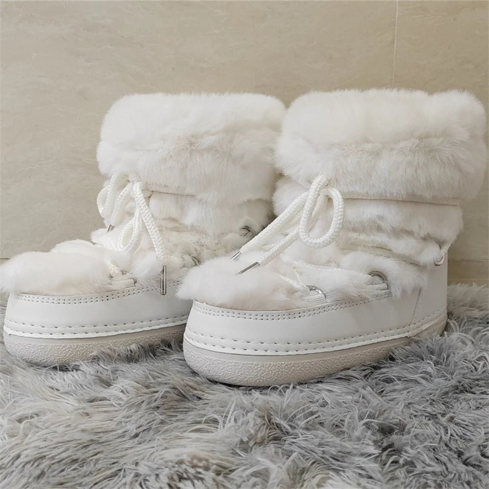 Women's Mid-Calf Snow Boots with Faux Rabbit Fur – Waterproof Winter Platform Ski Boots