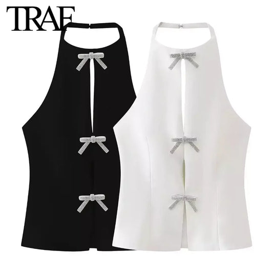 Women's Sleeveless Halter Blouse with Jewelry Bow – Chic Summer Crop Top for Streetwear & Office Looks