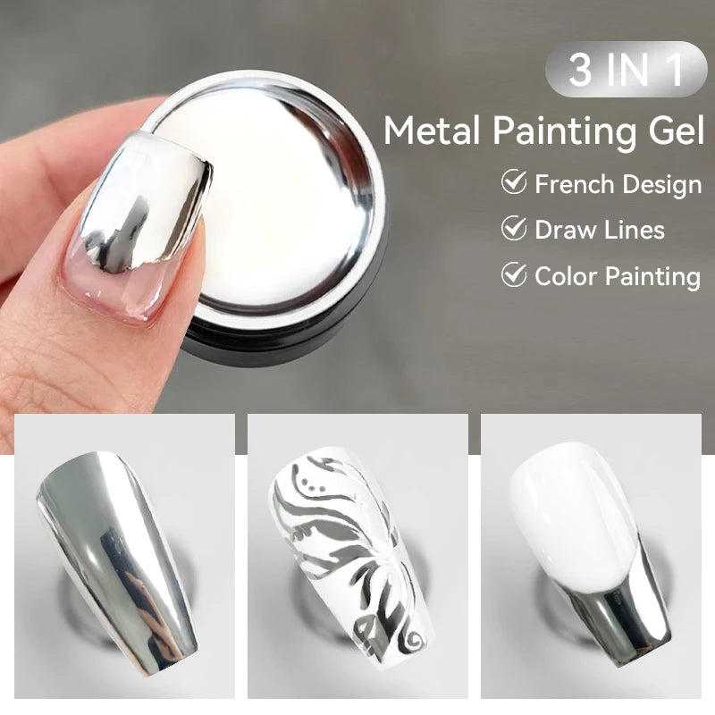 7ml Metallic Chrome Silver Mirror Effect Gel – Super Bright Line Art & French Tip Nail Painting Gel Polish
