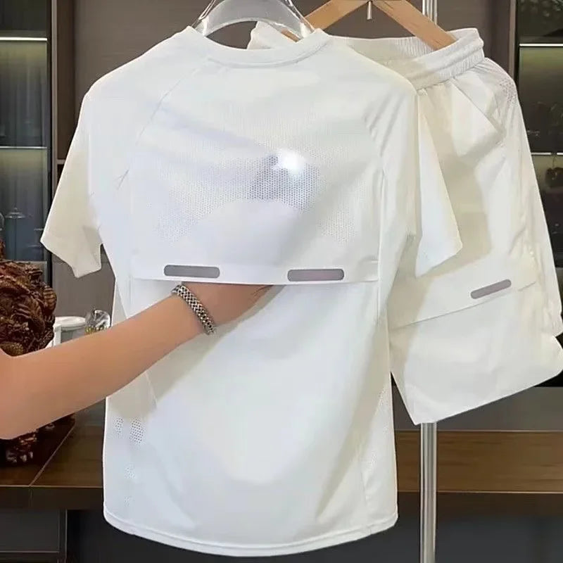 Summer Men's Ice Silk Two-Piece Set – Breathable Perforated Short Sleeve Top and Quick-Dry Shorts for Sports and Leisure