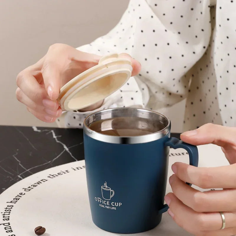 350ml Double-Walled Stainless Steel Vacuum Mug – Portable Insulated Coffee Cup with Handle and Lid for Outdoor Travel