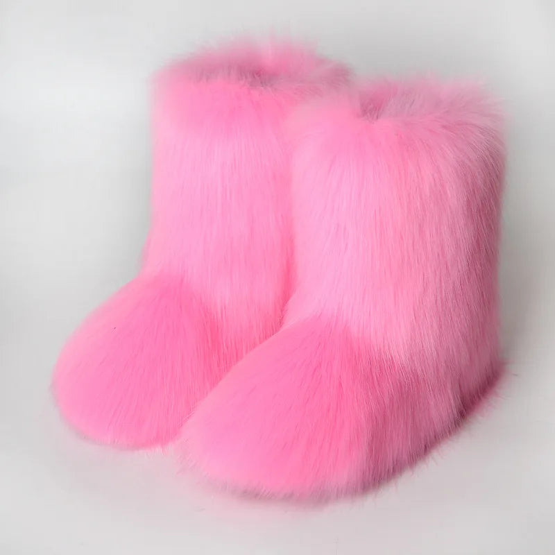 Women's Faux Fur Winter Snow Boots – Fluffy Plush Mid-Calf Slip-On Boots with Flat Sole for Cold Weather Comfort