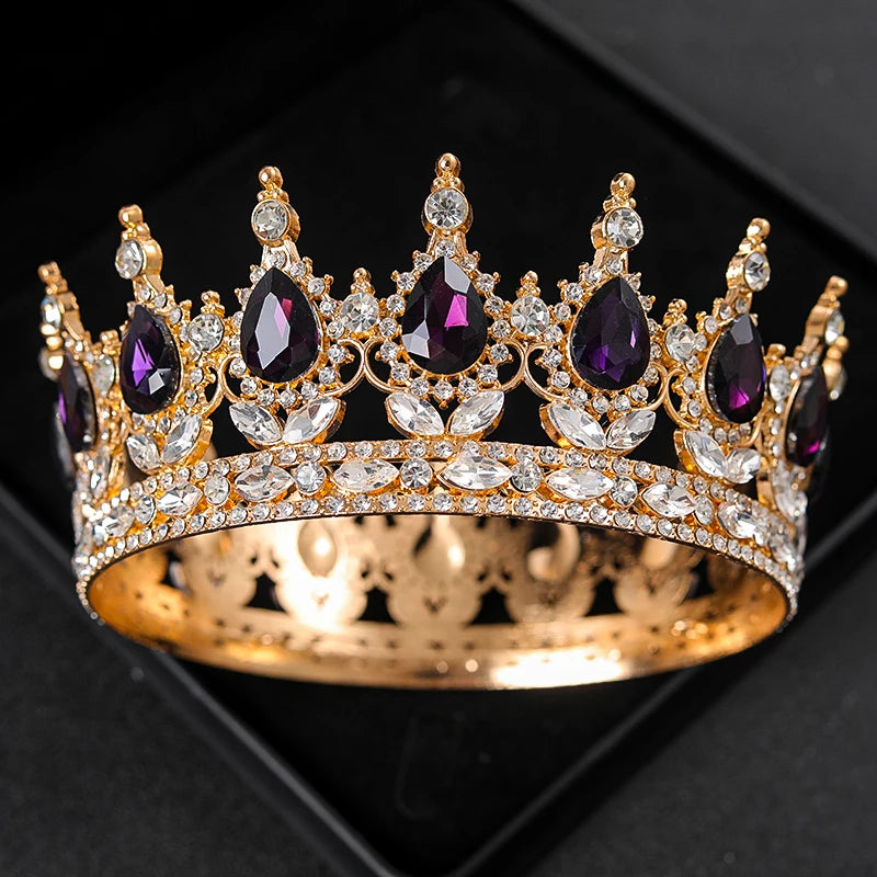 Baroque Round Rhinestone Wedding Crown – Vintage Crystal Tiara Headpiece for Bridal, Queen, or Pageant Looks