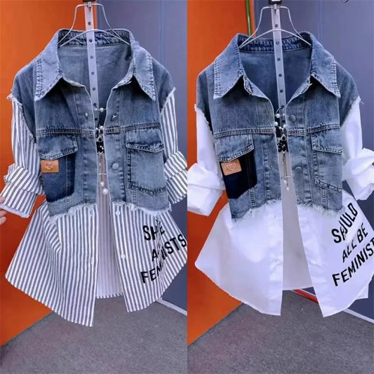 Women's Fake Two-Piece Denim Shirt Jacket – Casual Striped Patchwork Button Down Top with Short Sleeves