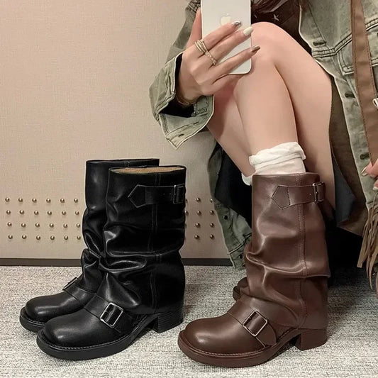 Women's Pleated Slip-On Knight Boots – Brown PU Leather Mid-Calf Riding Boots with Buckle and Thick Heel