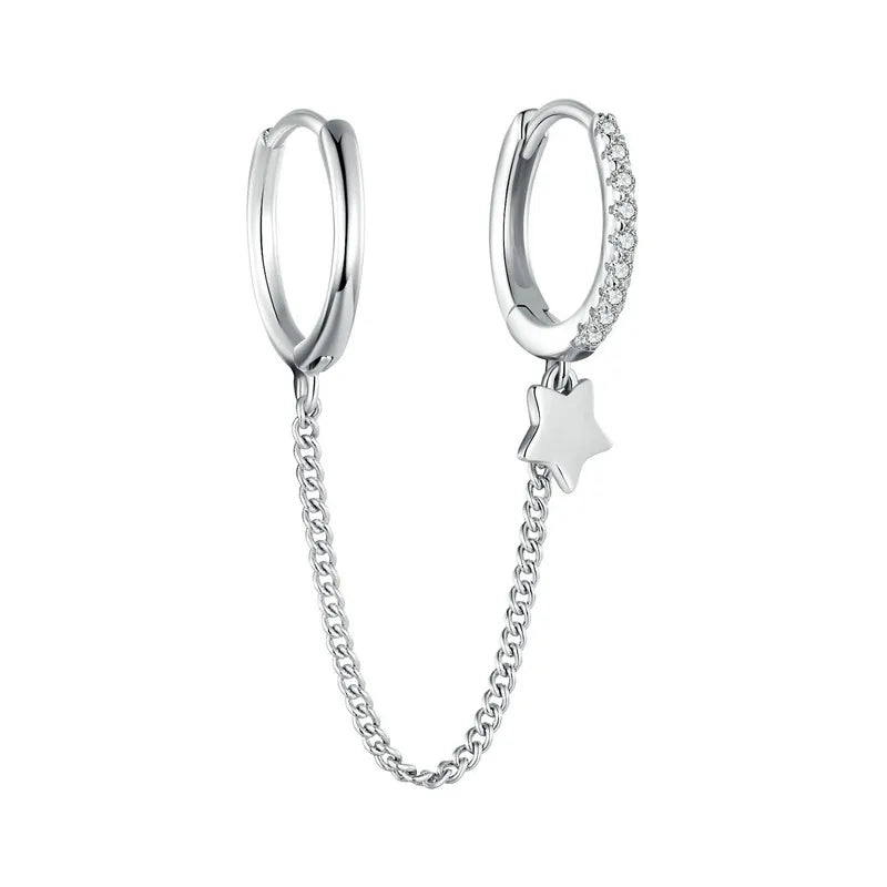 Sterling Silver Mono Double Hoop Chain Earring – Star Statement Design for Women & Teen Girls (Single Piece)