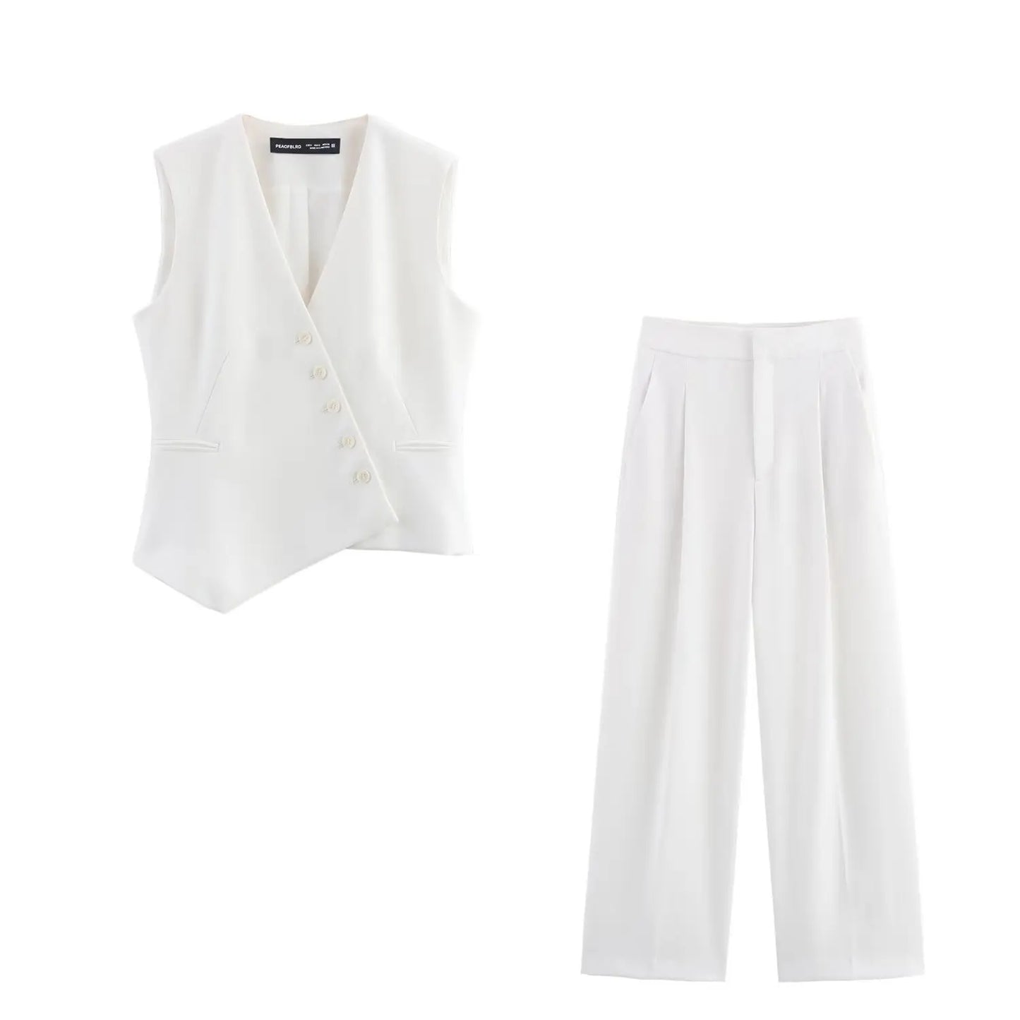 Women's Asymmetrical V-Neck Suit Waistcoat & High-Waisted Trousers – Elegant 2-Piece Office Lady Set