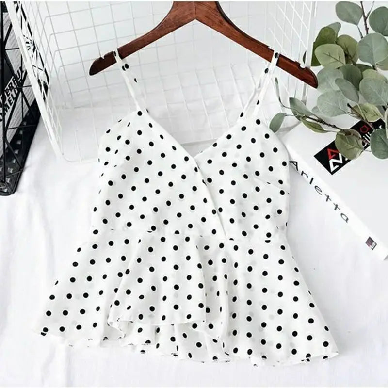 Women's Red Polka Dot Sleeveless Chiffon Blouse – V-Neck Short Pullover Top for Spring/Summer