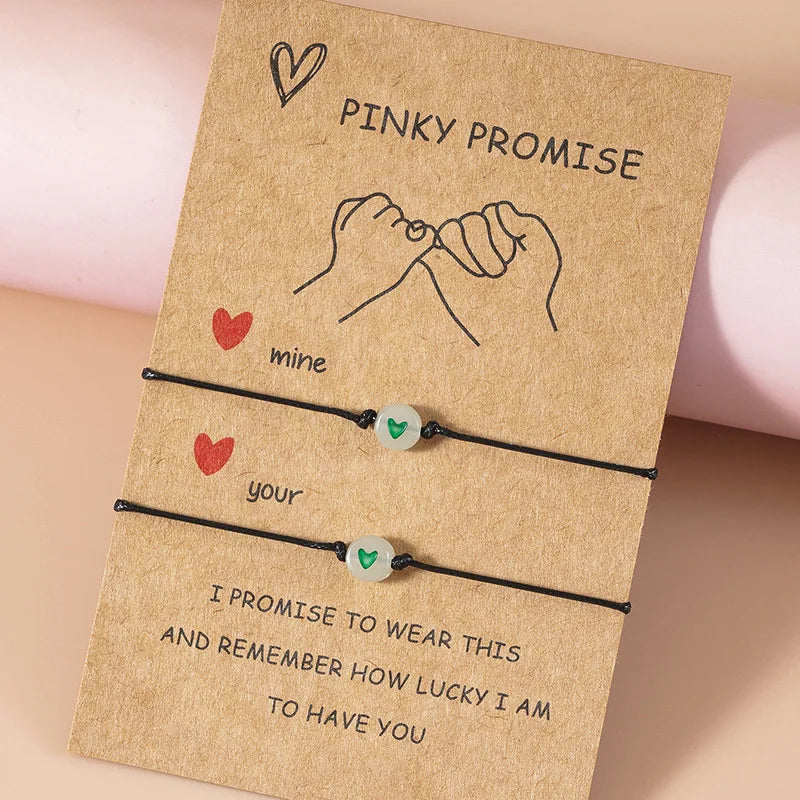 2Pcs Luminous Pinky Promise Bracelets – Matching Heart Bead Couple Friendship Set
