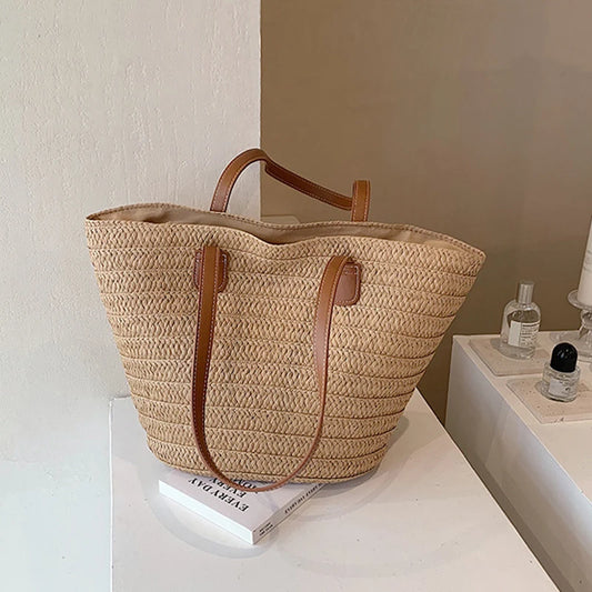 Women's Boho Straw Beach Tote – Large Capacity Woven Shoulder Bag with Zipper Closure