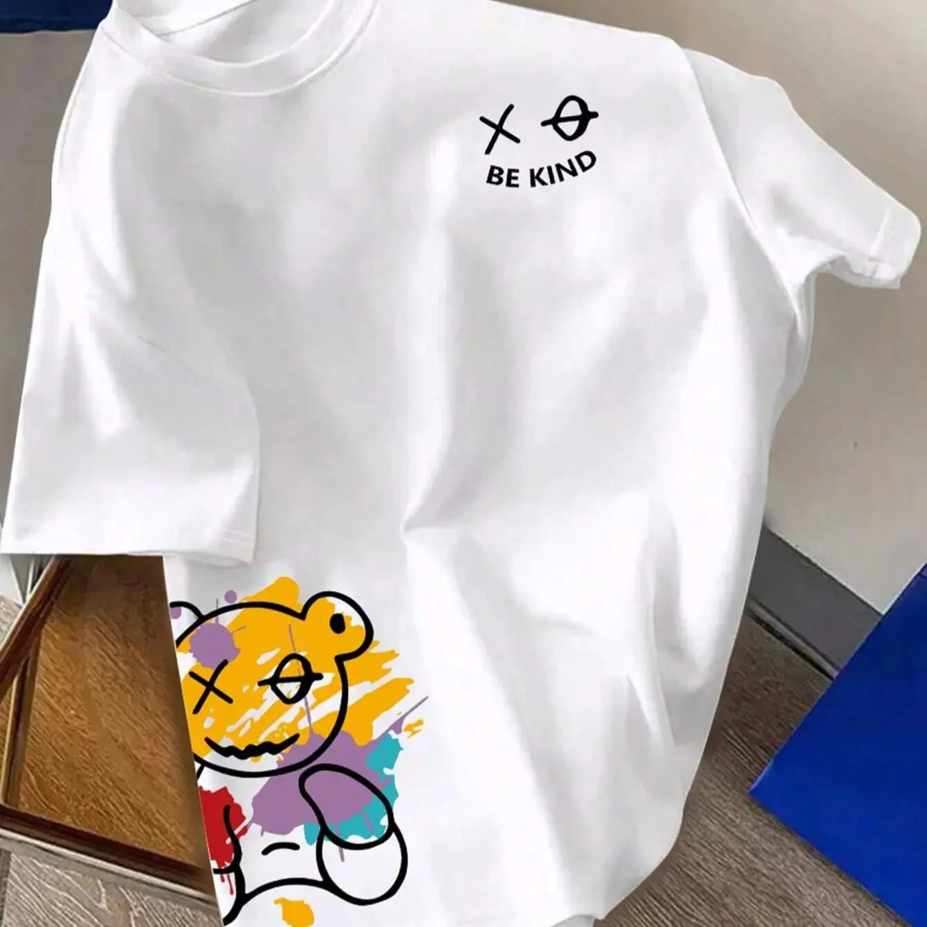 BE KIND Letter Cartoon Print Cotton T-Shirt – Men's Loose Fit Summer Short Sleeve Casual Tee