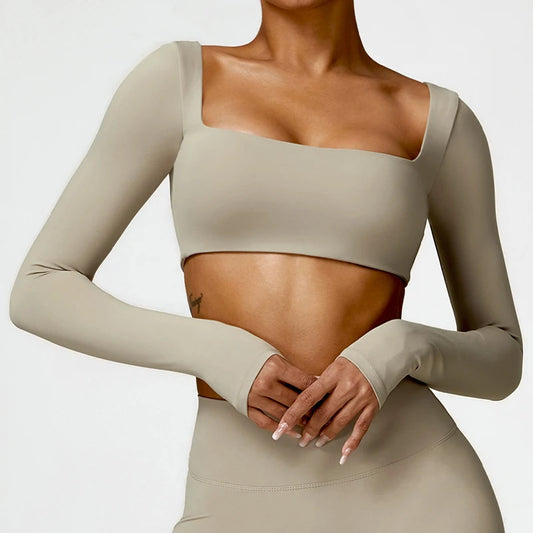 Square Neck Long Sleeve Sports Crop Top – Quick-Dry Yoga & Training Shirt for Women