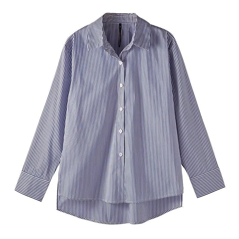 Classic Striped Lantern Sleeve Blouse – Stand Collar Loose Fit Shirt for Women