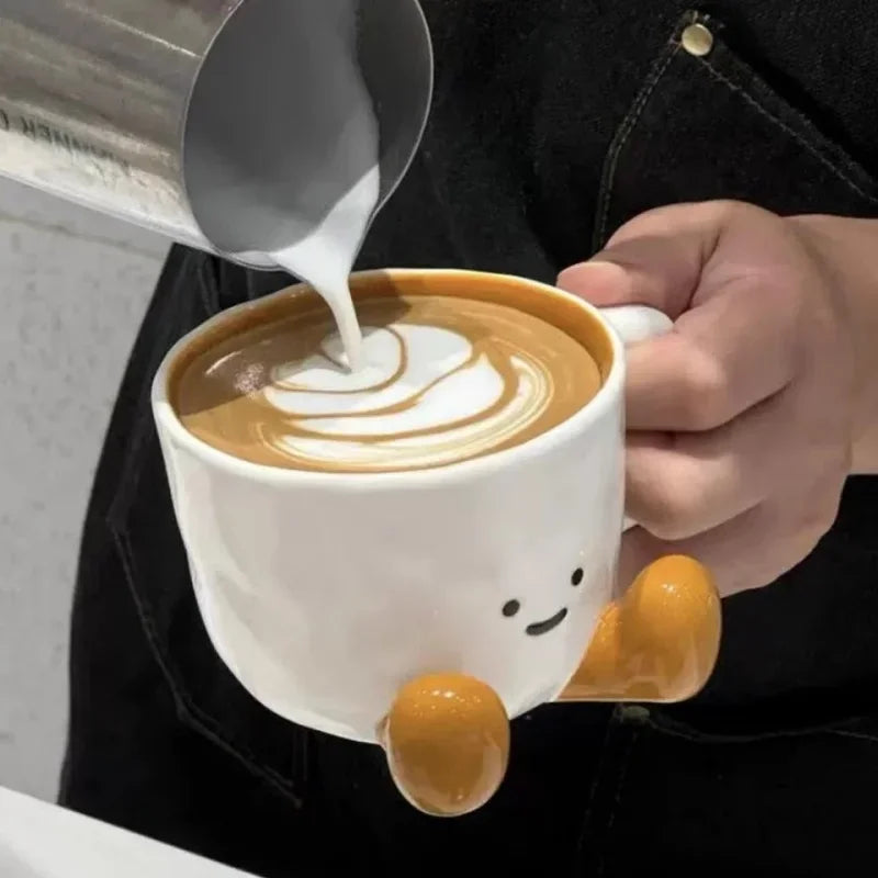 Cartoon Sitting Posture Ceramic Mug – Cute Handgrip Coffee Cup for Girls, Breakfast, Milk, or Office Use