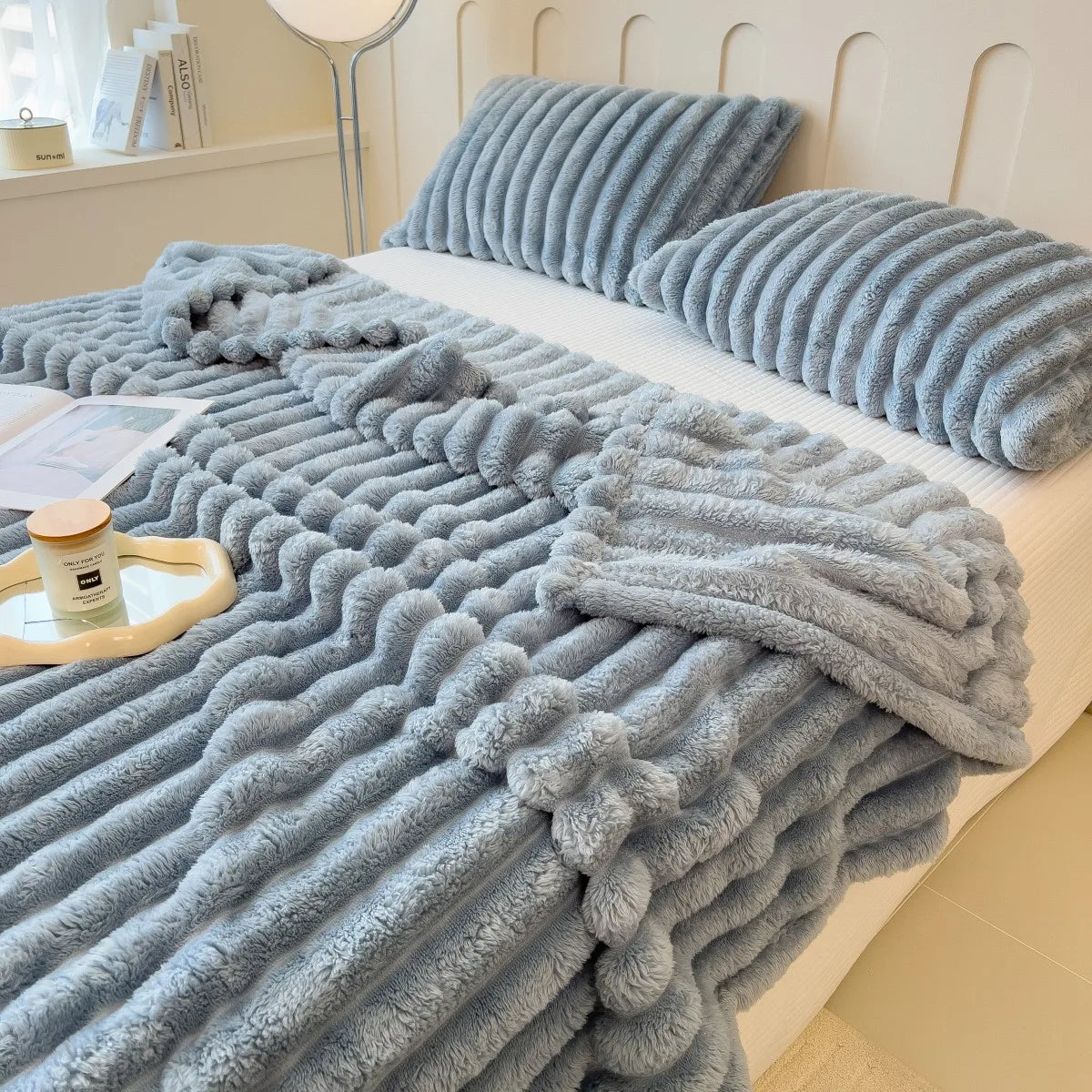Solid Color Thickened Striped Blanket – Multifunctional Polyester Cover for Bed, Sofa, Naps, and Pets