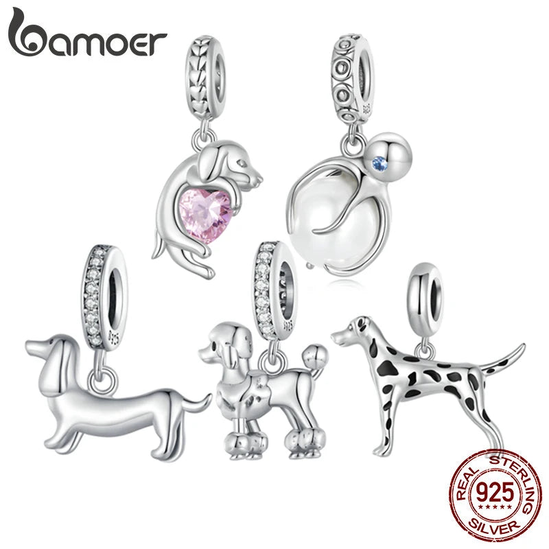 Sterling Silver Dog Charm Bead – Poodle & Dachshund Pendant for Charm Bracelets, DIY Jewelry for Women