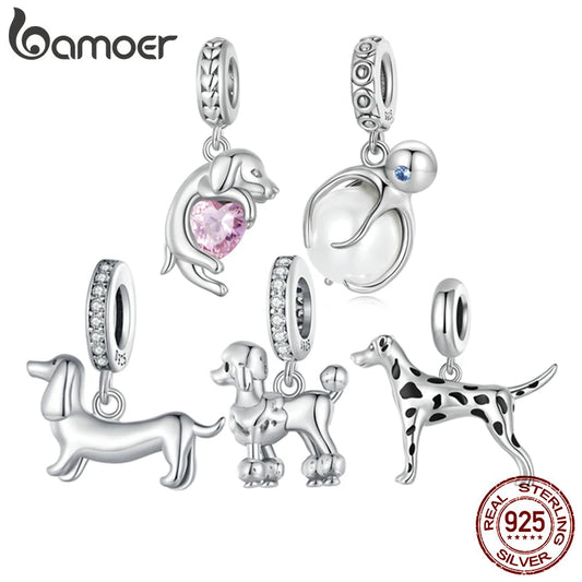 Sterling Silver Dog Charm Bead – Poodle & Dachshund Pendant for Charm Bracelets, DIY Jewelry for Women