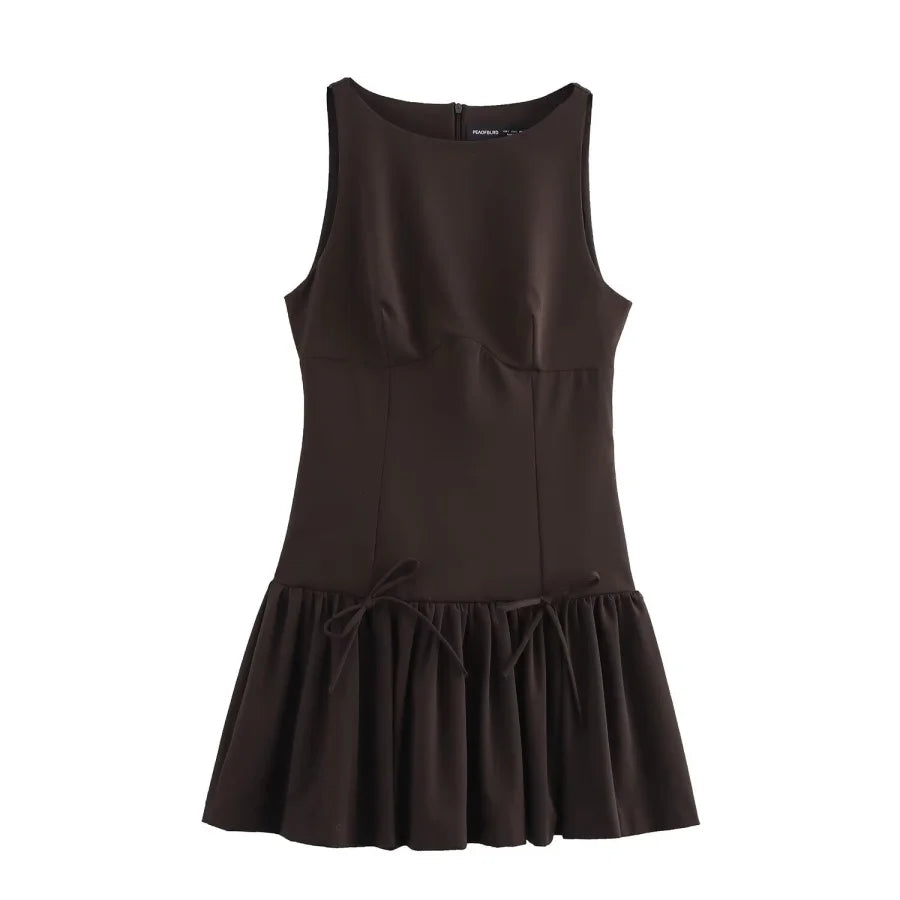 Sleeveless Black Mini Dress – Lace-Up Preppy Style A-Line School Dress