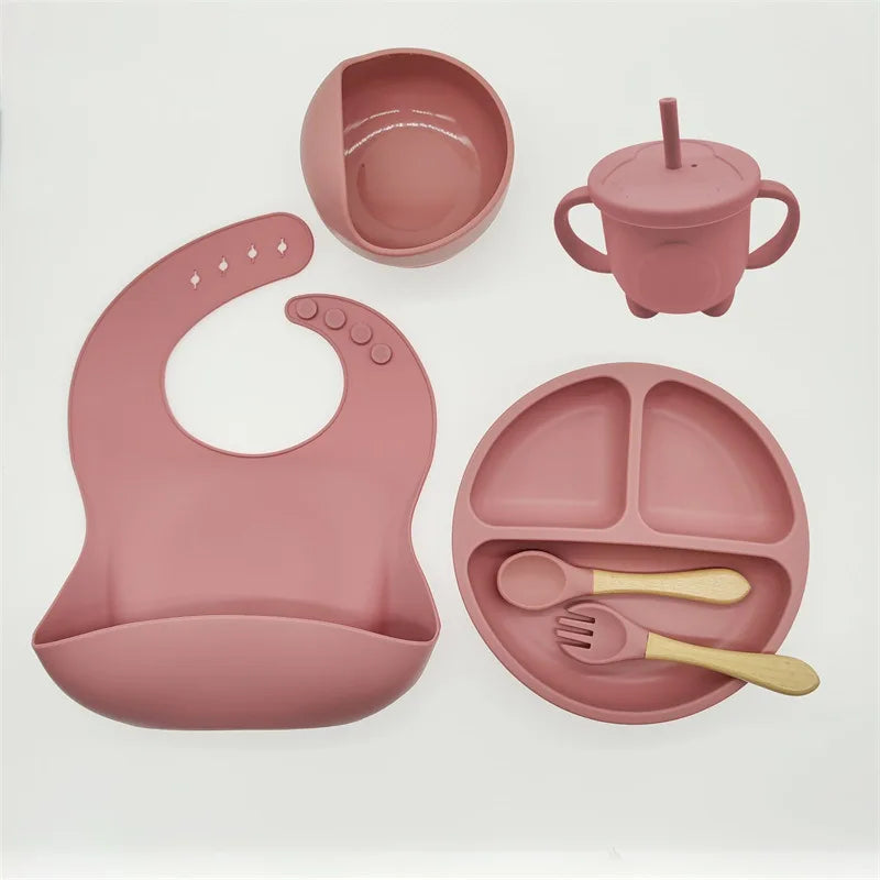 Children's Silicone Tableware Set – 6/8-Piece Baby Feeding Kit with Suction Bowl, Fork, Spoon, Bib, Straw & Cup
