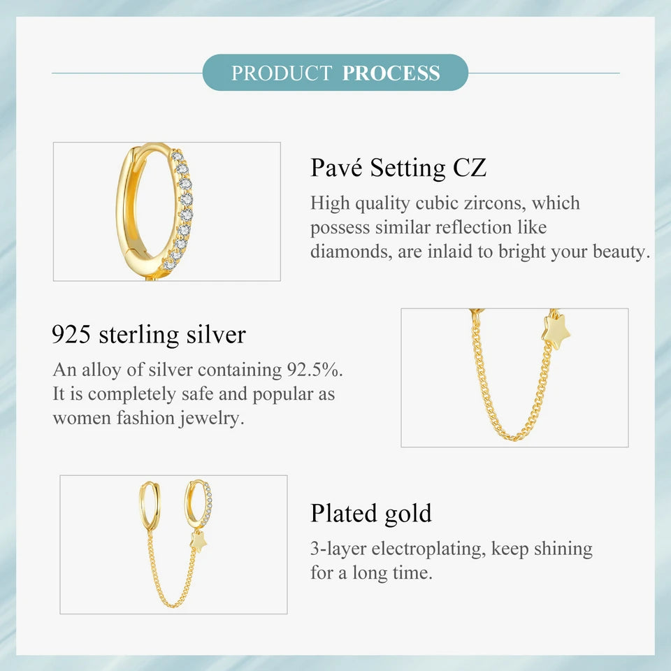 Sterling Silver Mono Double Hoop Chain Earring – Star Statement Design for Women & Teen Girls (Single Piece)