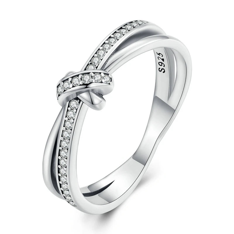 925 Sterling Silver Double Layer Knot Ring for Women – Stackable Cocktail Ring with Zircon Accents