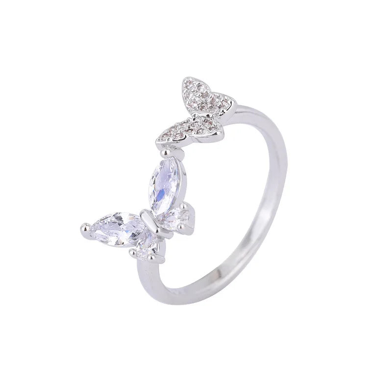 925 Sterling Silver Butterfly Open Ring with Zircon – Elegant Adjustable Cocktail Ring for Women