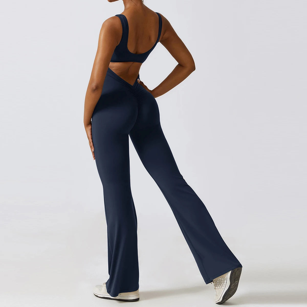 V-Back Scrunch Jumpsuit for Women – Stretchy Sleeveless Sports Romper for Yoga, Gym & Outdoor Workouts