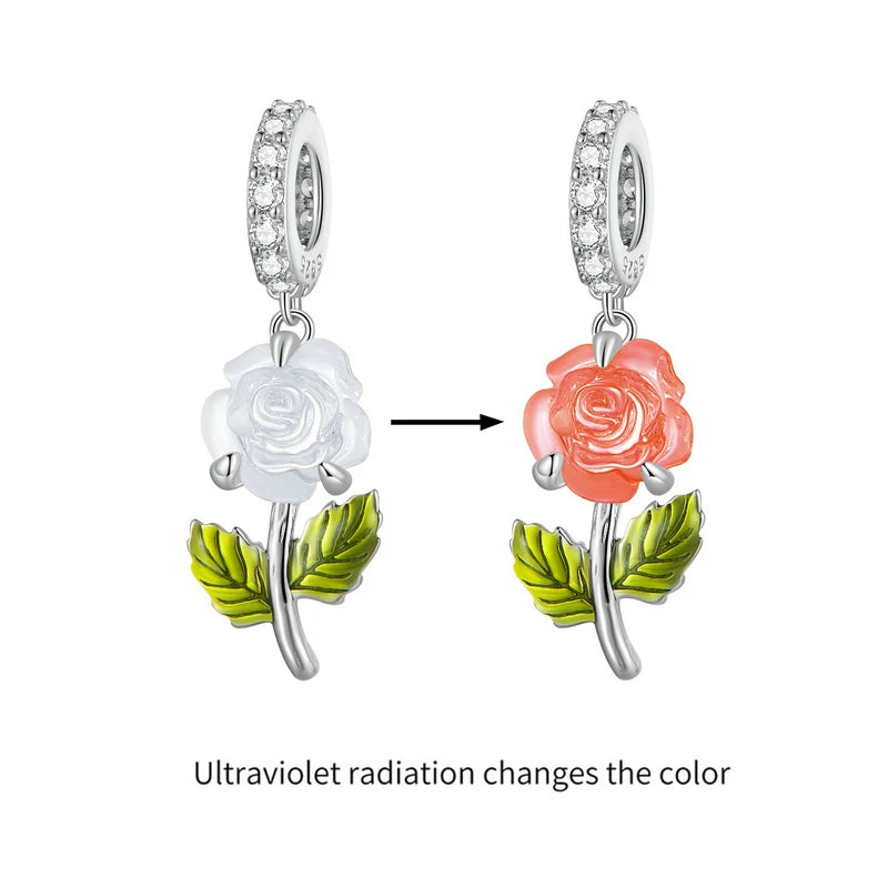 925 Sterling Silver Rose Hanging Charm – Color-Changing Flower Pendant for Bracelet or Necklace DIY