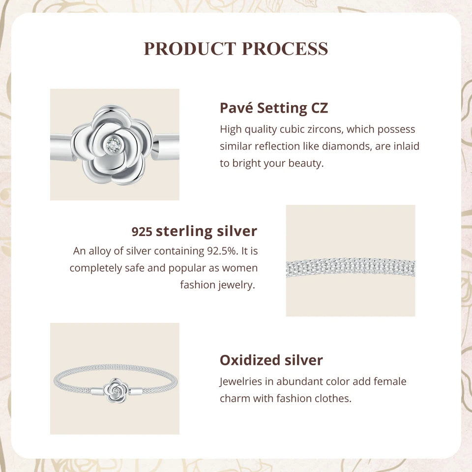 Sterling Silver Rose Buckle Charm Bracelet – 925 Silver Classic DIY Bead Chain for Women, 17CM/19CM/21CM