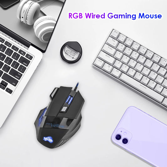 USB Wired Gaming Mouse – 7-Button Ergonomic Optical Mouse with Adjustable 5500 DPI and Backlit Design for PC Desktop Computer Gamers