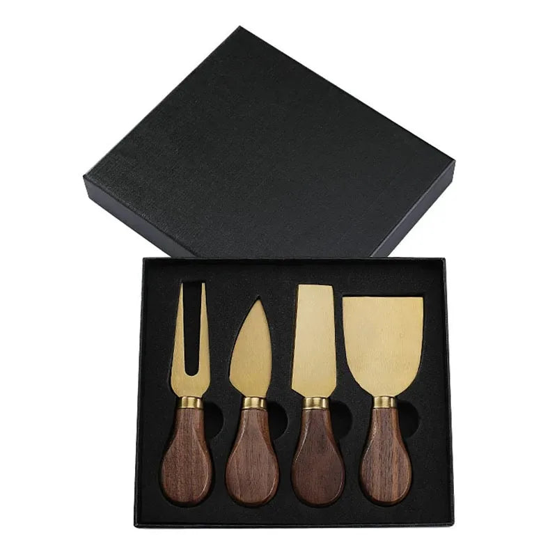 6/4pcs Stainless Steel Cheese Knives Set with Walnut Handle – Fork, Spreader, and Slicer with Gift Box