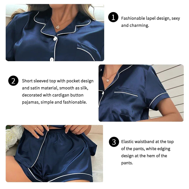 Women’s Summer Satin Pajama Set – 2-Piece Short Sleeve Button-Down Top and Shorts with Notched Collar, Soft Silk-Like Sleepwear