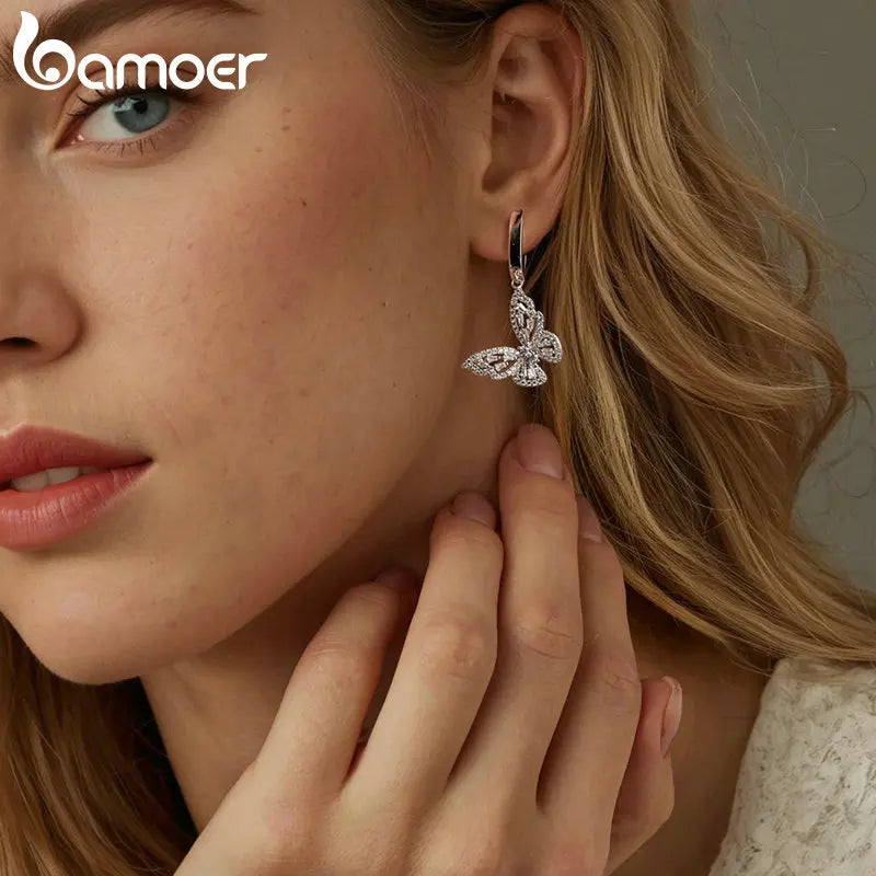 Sterling Silver CZ Butterfly Hoop Earrings – Elegant Dangle Charm Drop Earrings for Women and Girls