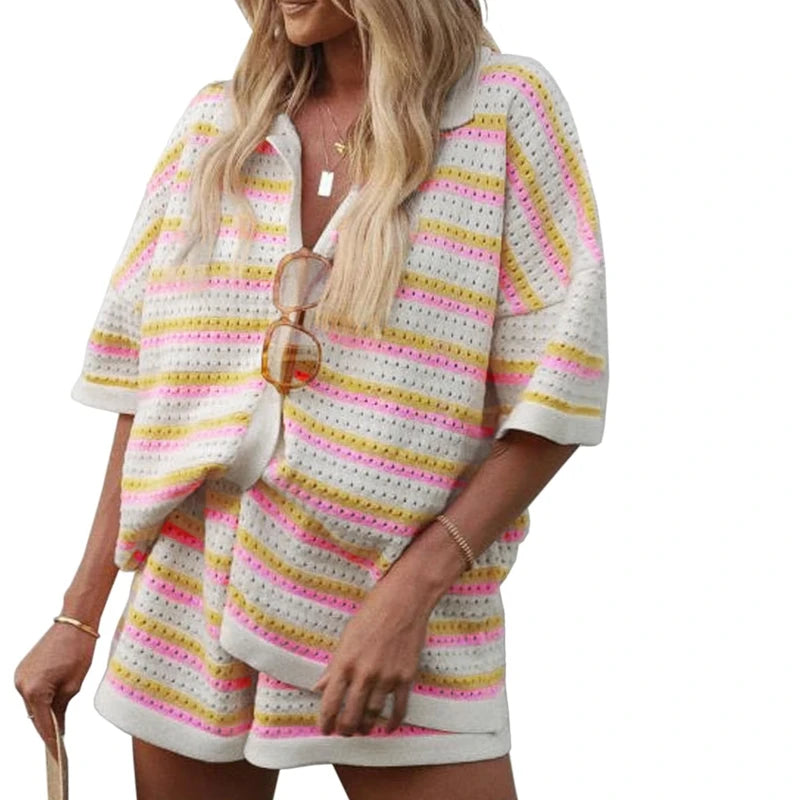 Women's Striped Summer Knit Lounge Set – Button-Up Crochet Blouse and Elastic Waist Shorts Two-Piece Outfit