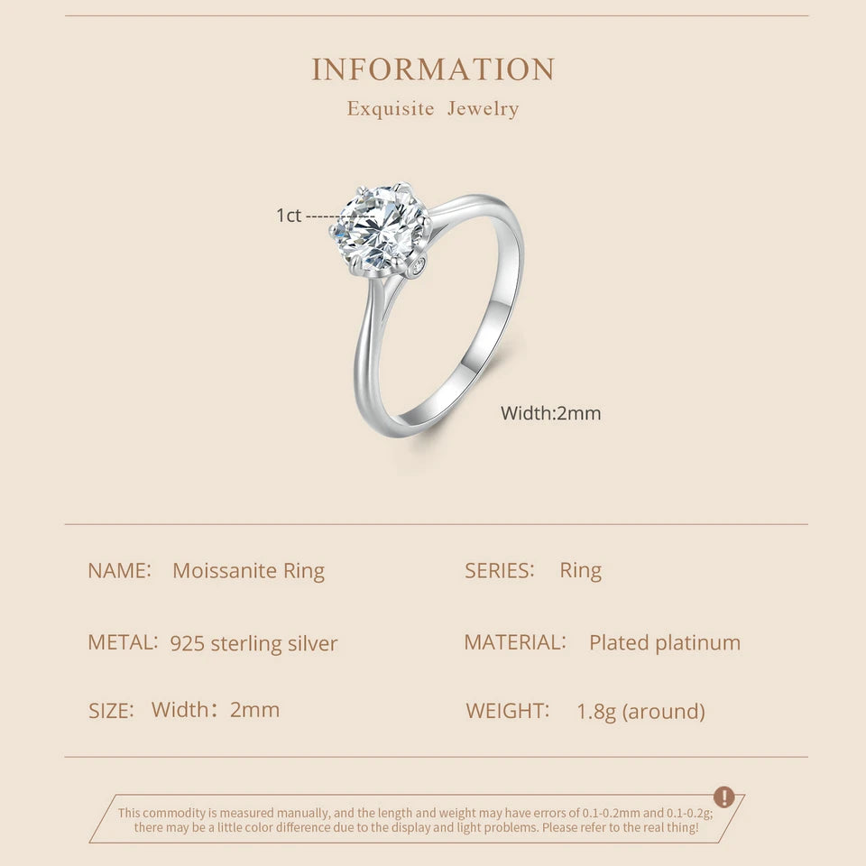 1 Carat Round Moissanite Engagement Ring – D Color VVS1 Stone on 925 Sterling Silver Prong Setting for Women