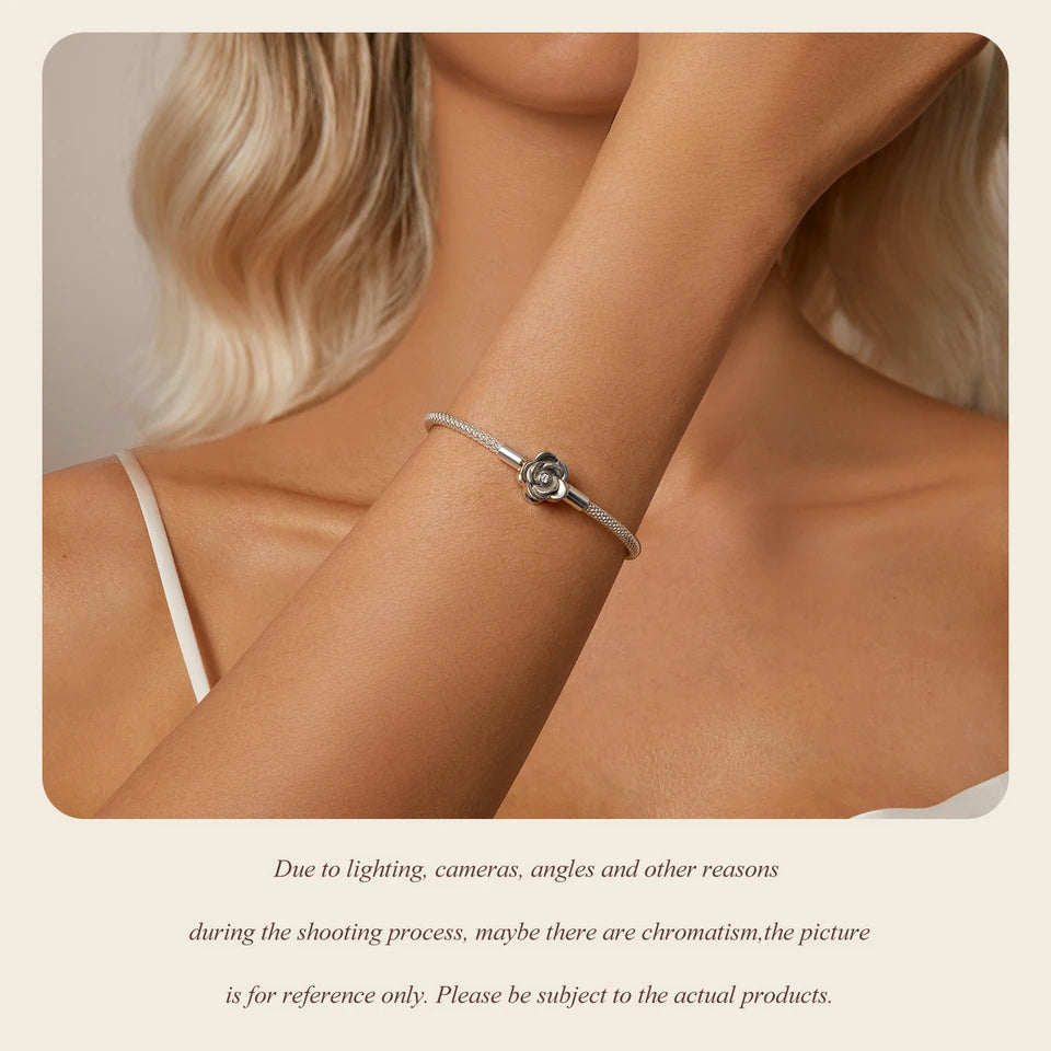 Sterling Silver Rose Buckle Charm Bracelet – 925 Silver Classic DIY Bead Chain for Women, 17CM/19CM/21CM