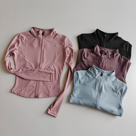 Women's Quick-Dry Zip-Up Slim Fit Yoga Jacket – Long Sleeve Stand Collar Outdoor Fitness Top