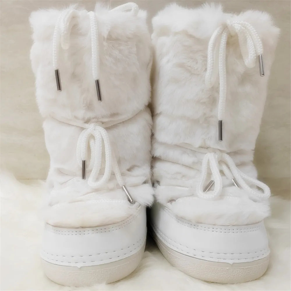 Women's Mid-Calf Snow Boots with Faux Rabbit Fur – Waterproof Winter Platform Ski Boots