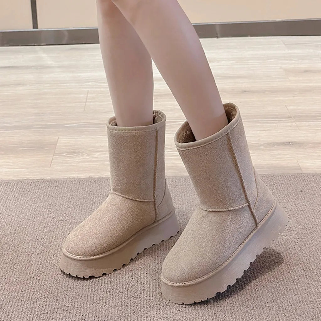 Winter Thick-Soled Mid-Calf Snow Boots with Fleece Lining – Slip-On Round Toe Cotton Shoes