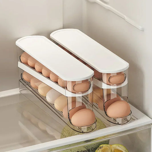 Two-Tier Automatic Rolling Egg Storage Box – Ladder Style Egg Organizer for Refrigerator
