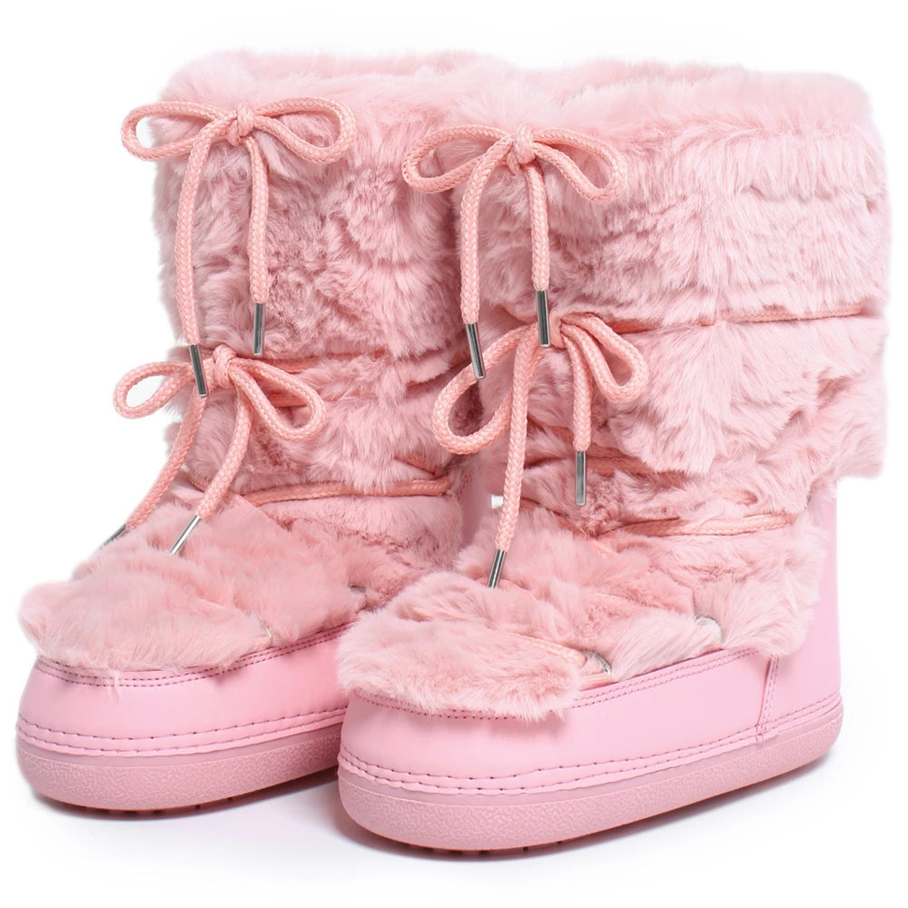 Women's Fluffy Mid-Calf Faux Fur Snow Boots – 2024 Winter Platform Lace-Up Waterproof Ski Boots