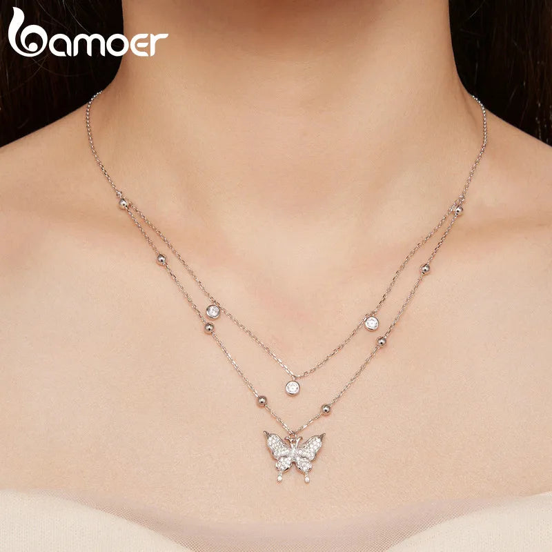 925 Sterling Silver Double-Layer Butterfly Tassel Pendant Necklace – Elegant Fine Jewelry for Women