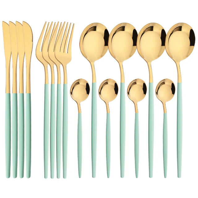 16Pcs Green and Gold Stainless Steel Dinnerware Set – Elegant Flatware Cutlery with Knife, Fork, Spoon, and Teaspoon