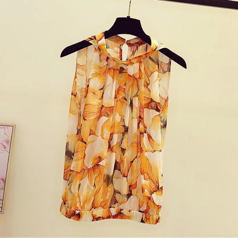 Women's Sleeveless Loose Fit Floral Chiffon Blouse – Orange Print O-Neck Pullover Top for Spring and Summer