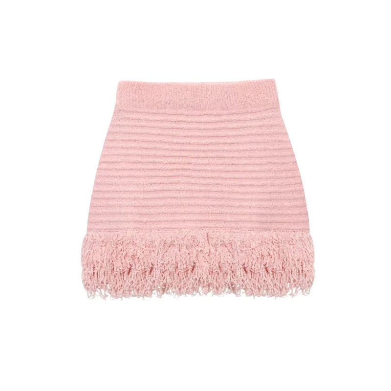Women's Elegant Knit Two-Piece Set – Tassel Embellished Hollow Out Short Sleeve Blouse & Mini Skirt