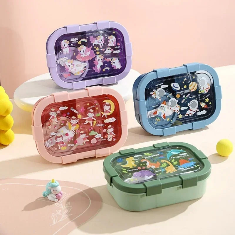 Cartoon Compartment Lunch Box for Kids – Leakproof Bento with Soup Bowl and Utensils, Microwave-Safe Meal Storage