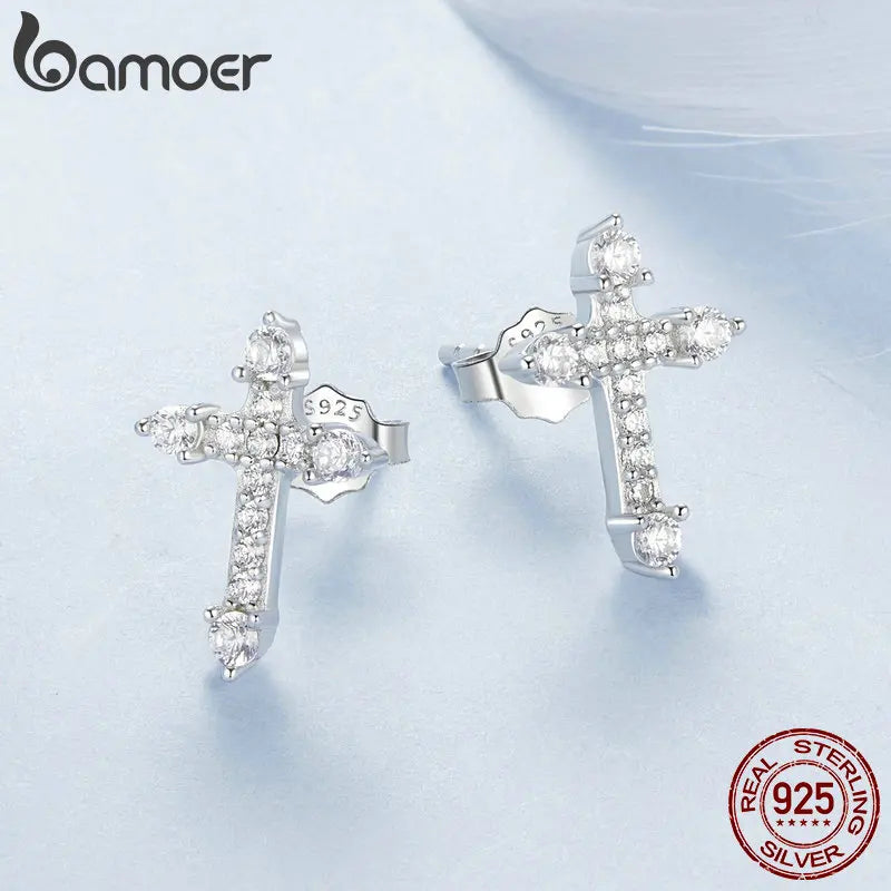 925 Sterling Silver Platinum-Plated Cross Stud Earrings – Hypoallergenic CZ Faith Jewelry for Women